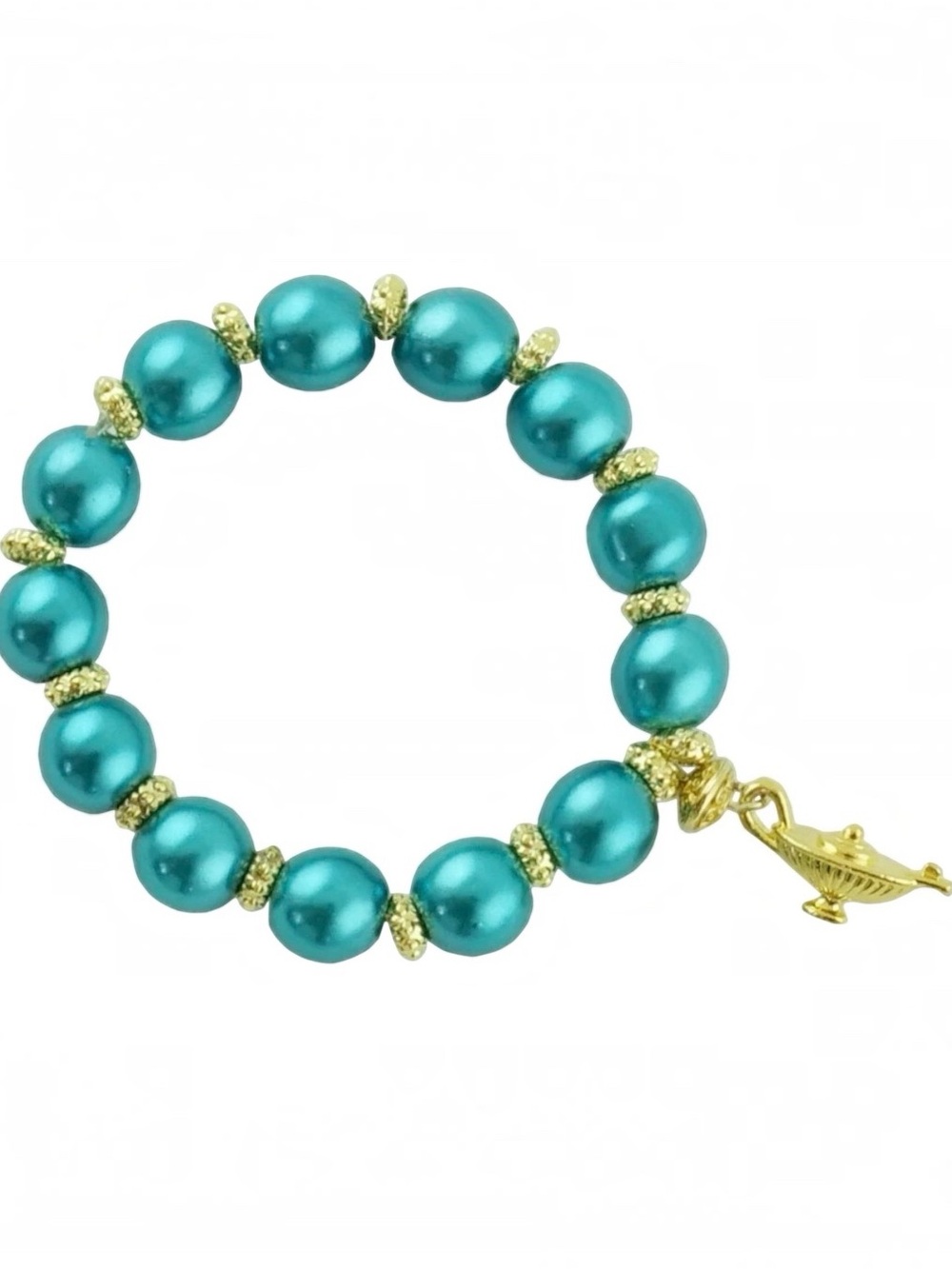 Vintage Boho Aqua Blue Faux Pearl Stretch Bracelet Gold Genie Lamp Charm